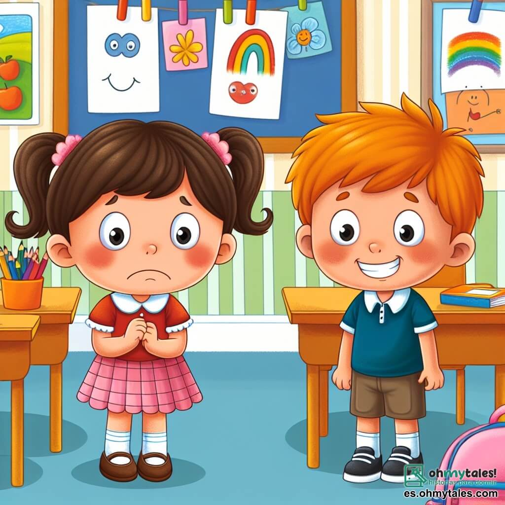 Une illustration destinée aux enfants représentant une petite fille nerveuse le jour de la rentrée des classes, accompagnée de son nouvel ami, un garçon joyeux, dans une salle de classe lumineuse et colorée avec des dessins accrochés aux murs.