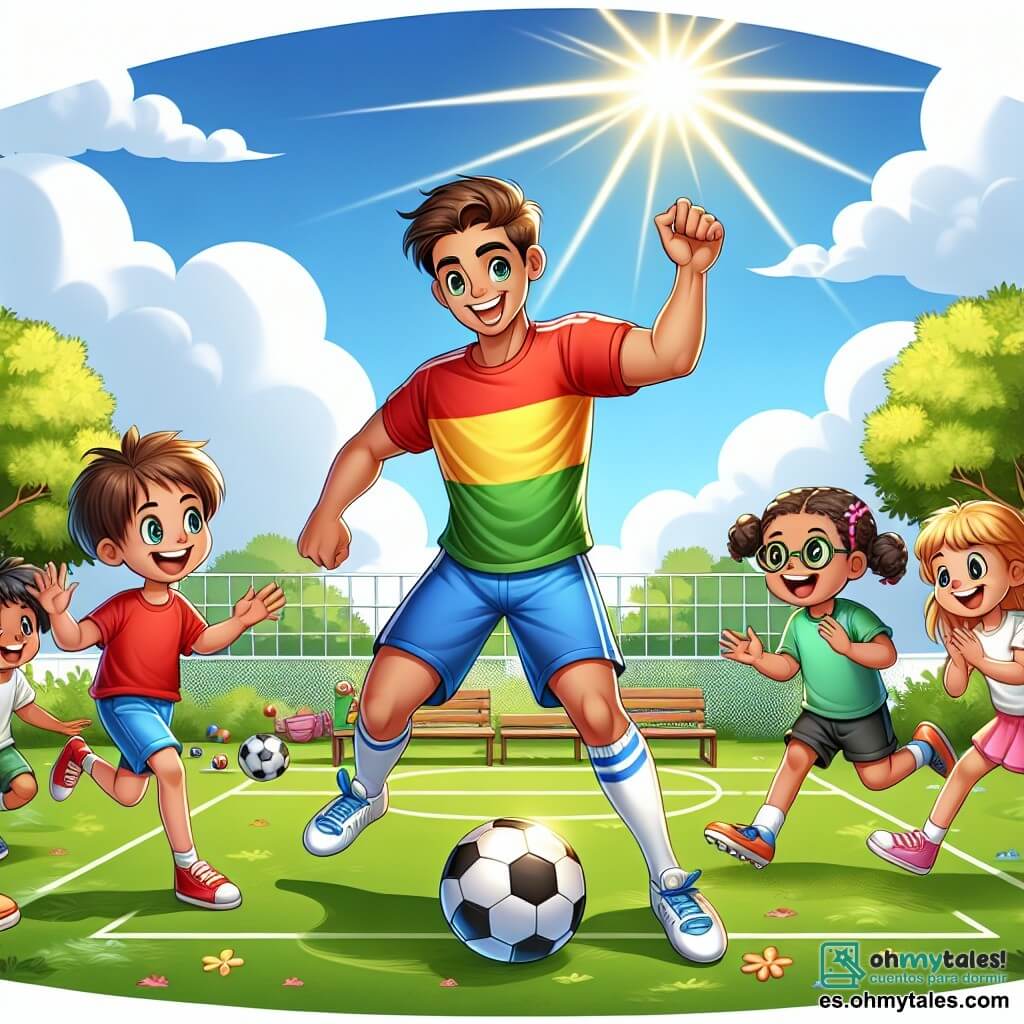 Ilustración que representa un campo de fútbol soleado, rodeado de vegetación, con árboles de hojas brillantes y un cielo azul salpicado de algunas nubes blancas esponjosas. En el centro, un hombre atlético, con cabello corto castaño y una sonrisa cálida, lleva una camiseta de fútbol colorida y un short. Está mostrando gestos de juego, driblando un balón con agilidad, cautivando la atención de los jóvenes a su alrededor. Alrededor de él, un grupo de cinco niños, de aproximadamente 8 a 10 años, se entusiasma. Entre ellos, un niño de cabello despeinado y piel clara, con una camiseta roja, levanta los brazos en señal de aliento, mientras que una niña con trenzas y piel oscura, vestida con una falda deportiva azul, aplaude con una gran sonrisa. Los otros niños, un niño con gafas y una niña de cabello rizado, también están cautivados por el juego, riendo y corriendo alrededor del campo. La escena principal muestra al hombre compartiendo su pasión por el fútbol con los niños, enseñándoles movimientos de juego mientras crea una atmósfera de alegría y amistad. Balones de fútbol coloridos están esparcidos por el campo, y el césped es de un verde brillante, añadiendo a la energía vibrante de este encuentro.