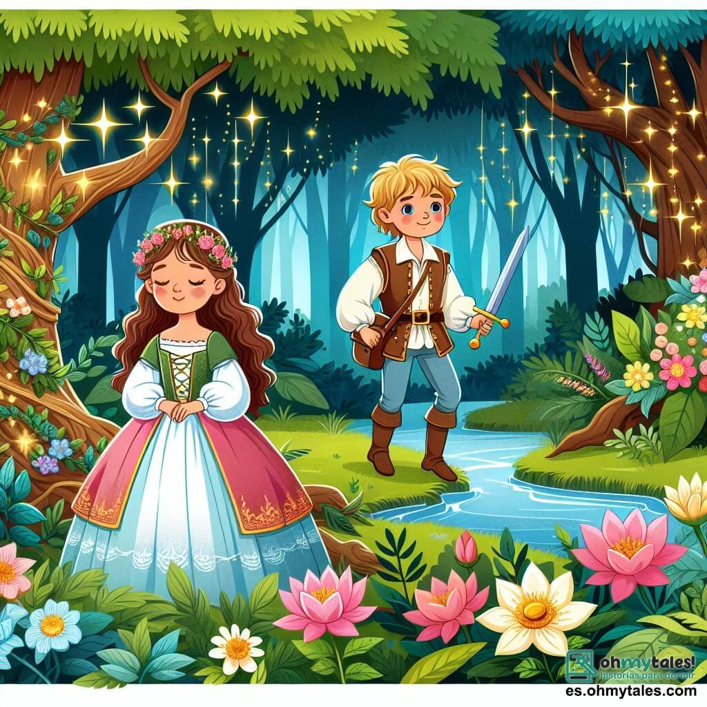 Une illustration destinée aux enfants représentant une jeune princesse endormie depuis longtemps, un courageux garçon explorateur, et une forêt enchantée aux arbres centenaires, aux fleurs lumineuses et aux ruisseaux chantants.