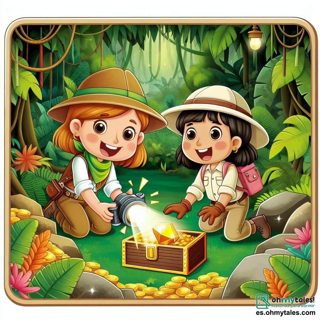 Une illustration destinée aux enfants représentant une jeune archéologue passionnée découvrant un trésor caché avec l'aide de son équipe lors d'une expédition palpitante dans une jungle luxuriante et mystérieuse.