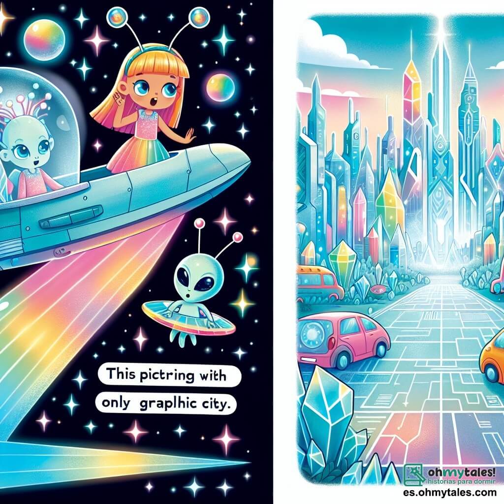 Une illustration destinée aux enfants représentant une fillette curieuse vivant dans une ville futuriste en cristal, qui se lie d'amitié avec un garçon extraterrestre aux antennes iridescentes, dans la magnifique ville de Cristalia aux rues transparentes et aux véhicules volants colorés.