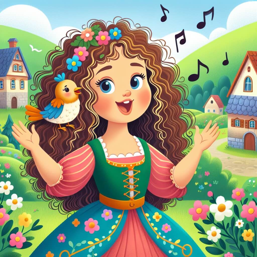 Une illustration destinée aux enfants représentant une jeune femme aux cheveux bouclés, vêtue d'une robe colorée, qui chante joyeusement avec un oiseau musicien sur son épaule, dans un village enchanteur entouré de collines verdoyantes et de champs fleuris.