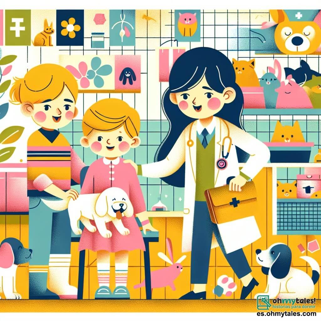 Une illustration destinée aux enfants représentant une femme vétérinaire passionnée, aidant un chien boiteux accompagné d'une petite fille, dans une clinique colorée et chaleureuse remplie d'animaux heureux.