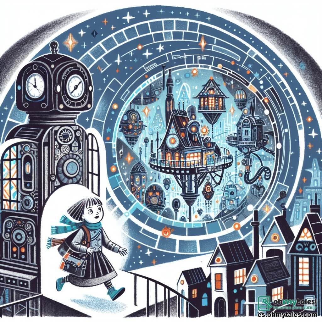 Une illustration destinée aux enfants représentant une fillette curieuse découvrant un reloj magique dans le grenier de sa grand-mère, accompagnée d'un robot amical, voyageant à travers un portail lumineux jusqu'à un futuriste village volant rempli de lumières scintillantes et de maisons futuristes aux formes étranges.