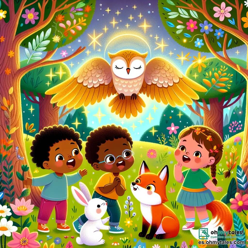 Une illustration sous forme de dessin destinée aux enfants représentant un magnifique Bosque de los Sueños, avec des arbres aux couleurs vives et des fleurs éclatantes, où un groupe de trois enfants de trois ans, deux garçons aux cheveux bouclés et une fille aux tresses, explore joyeusement, émerveillés par un sage hibou aux plumes dorées qui leur parle sur une branche basse, tandis qu'un zorro et un conejo se partagent une collation à leurs pieds, illustrant la magie de l'amitié et la beauté de voir le monde avec le cœur.