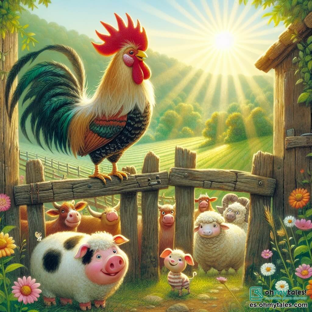 Une illustration destinée aux enfants représentant un coq aux plumes éclatantes comme des rayons de soleil, perché fièrement sur une vieille palissade en bois usée par le temps, dans une ferme pittoresque entourée de champs verdoyants où les fleurs colorées dansent au gré du vent, tandis que la douce lumière du matin caresse le visage des animaux curieux, tels qu'une vache au pelage tacheté, un cochon joufflu aux yeux pétillants et une douce brebis au pelage duveteux, tous impatients d'entendre le chant du coq qui, bien que rempli de mélodies envoûtantes, hésite à se lancer dans son premier cri du matin, craignant le jugement de ses amis.
