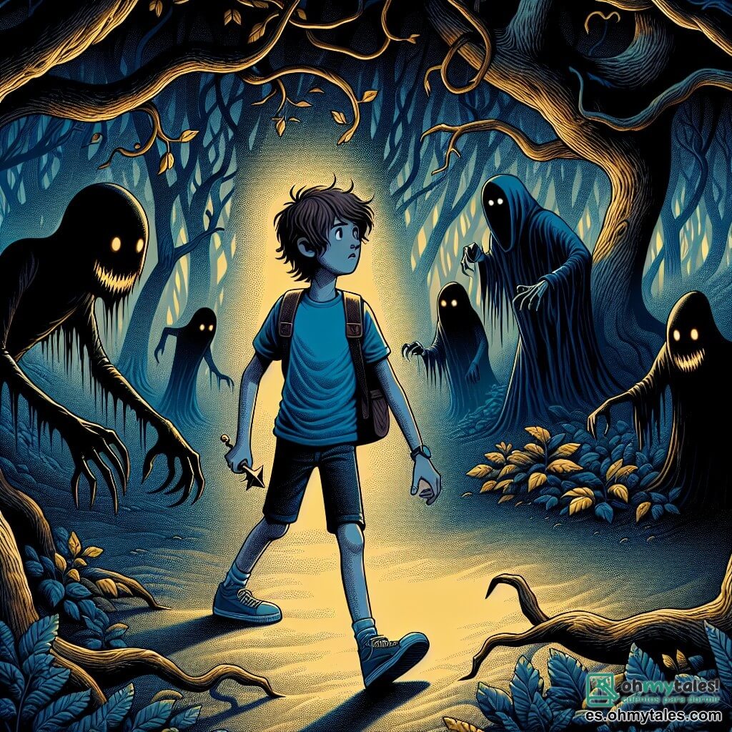 Une illustration sous forme de dessin destinée aux enfants représentant un mystérieux clairière dans un forêt sombre, où un garçon de 11 ans aux cheveux bruns en bataille, portant un t-shirt bleu et un short, se tient au centre, l'air déterminé, tandis qu'autour de lui, des ombres menaçantes aux silhouettes indistinctes, vêtues de capes noires, semblent l'observer avec curiosité, alors qu'il s'apprête à affronter ses peurs pour retrouver le chemin de chez lui, avec des arbres tordus et des feuilles dorées créant une atmosphère à la fois magique et inquiétante.