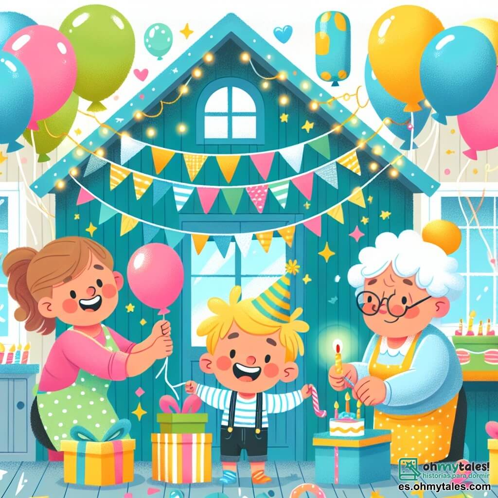 Une illustration destinée aux enfants représentant un petit garçon joyeux et excité, entouré de sa maman et de sa grand-mère, décorant une maison lumineuse et colorée avec des ballons et des guirlandes scintillantes, pour sa fête d'anniversaire.