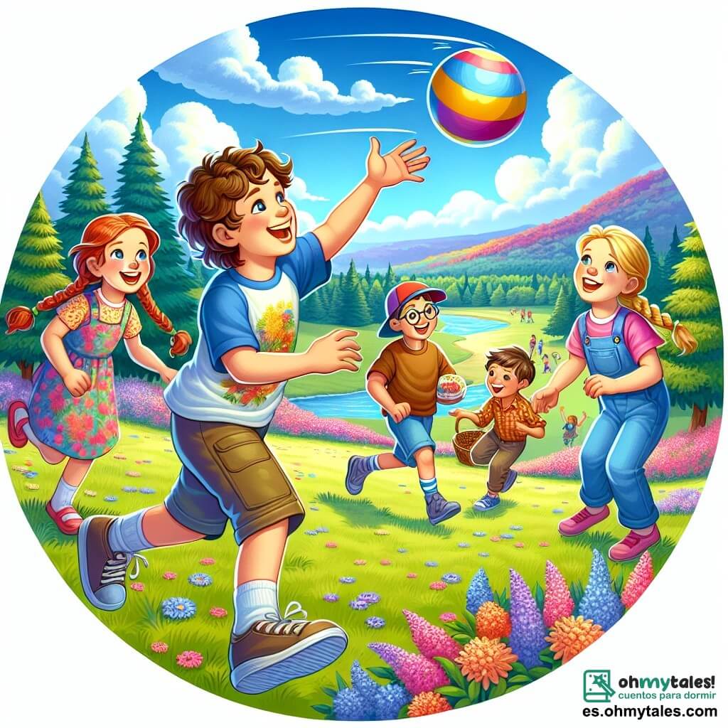 Une illustration sous forme de dessin destinée aux enfants représentant un magnifique parc national en pleine floraison, avec un garçon de 11 ans aux cheveux bruns et bouclés, portant un t-shirt coloré et un short, riant joyeusement en lançant une balle à un groupe de quatre enfants, dont une fille aux cheveux roux et tressés qui s'apprête à attraper la balle, tandis qu'un autre garçon aux lunettes et une fille aux cheveux blonds jouent à proximité, tous célébrant ensemble un anniversaire magique sous un ciel bleu parsemé de nuages blancs.
