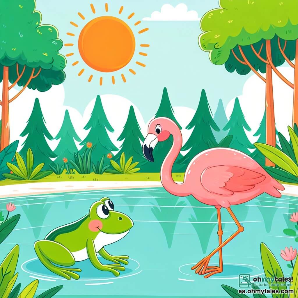 Une illustration destinée aux enfants représentant une grenouille joyeuse et curieuse qui rencontre un flamant rose élégant lors d'une journée ensoleillée dans un estanque entouré de grands arbres verdoyants.