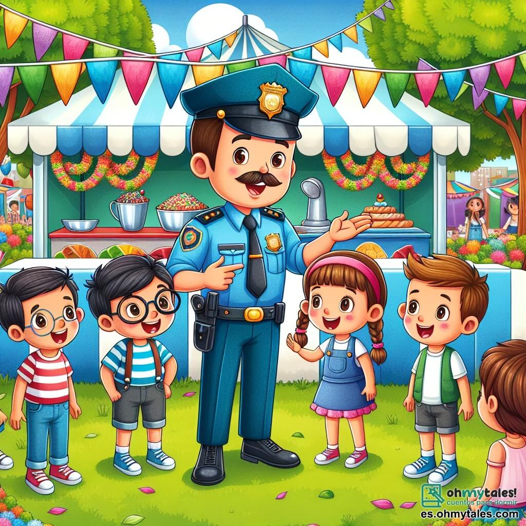 Ilustración que representa un parque vibrante y colorido durante la Feria de la Amistad, con árboles frondosos y puestos de comida decorados con guirnaldas. En el centro, un hombre en uniforme azul, con gorra y placa brillante, sonríe cálidamente mientras habla con un grupo de niños. Este hombre tiene el cabello corto castaño, un bigote delgado y ojos brillantes de amabilidad. Entre los niños, un chico de unos diez años, con cabello castaño y gafas, escucha atentamente, con los ojos abiertos de admiración, mientras una niña de nueve años, con trenzas rubias, levanta la mano para hacer una pregunta. La escena muestra al policía explicando la importancia de la seguridad, rodeado de risas y juegos, con globos de colores flotando en el aire y niños jugando alegremente al fondo.