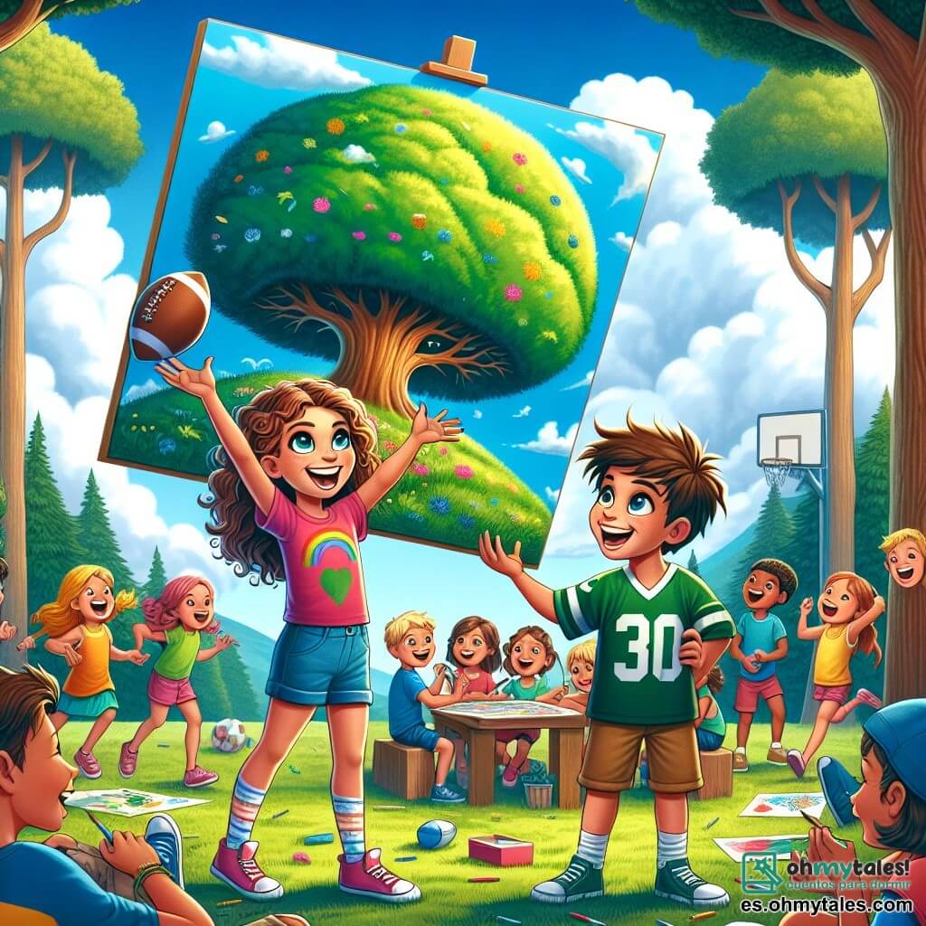 Ilustración que representa un patio de escuela animado, rodeado de grandes árboles con hojas verdes brillantes y un cielo azul claro salpicado de algunas nubes blancas. En el centro, una niña de 11 años, con cabello rizado y ojos brillantes, lleva una camiseta colorida y un short. Sonríe alegremente mientras sostiene un gran dibujo de un árbol gigante, símbolo de sus sueños. A su lado, un niño de 10 años, con cabello castaño alborotado y una sonrisa radiante, lleva una camiseta de fútbol y se prepara para lanzar un balón hacia un grupo de niños que juegan. En el fondo, otros niños de diferentes edades están reunidos alrededor de una mesa, discutiendo y compartiendo ideas para un proyecto artístico. La atmósfera es alegre y llena de energía, con risas y colores vivos que evocan la emoción del regreso a clases.