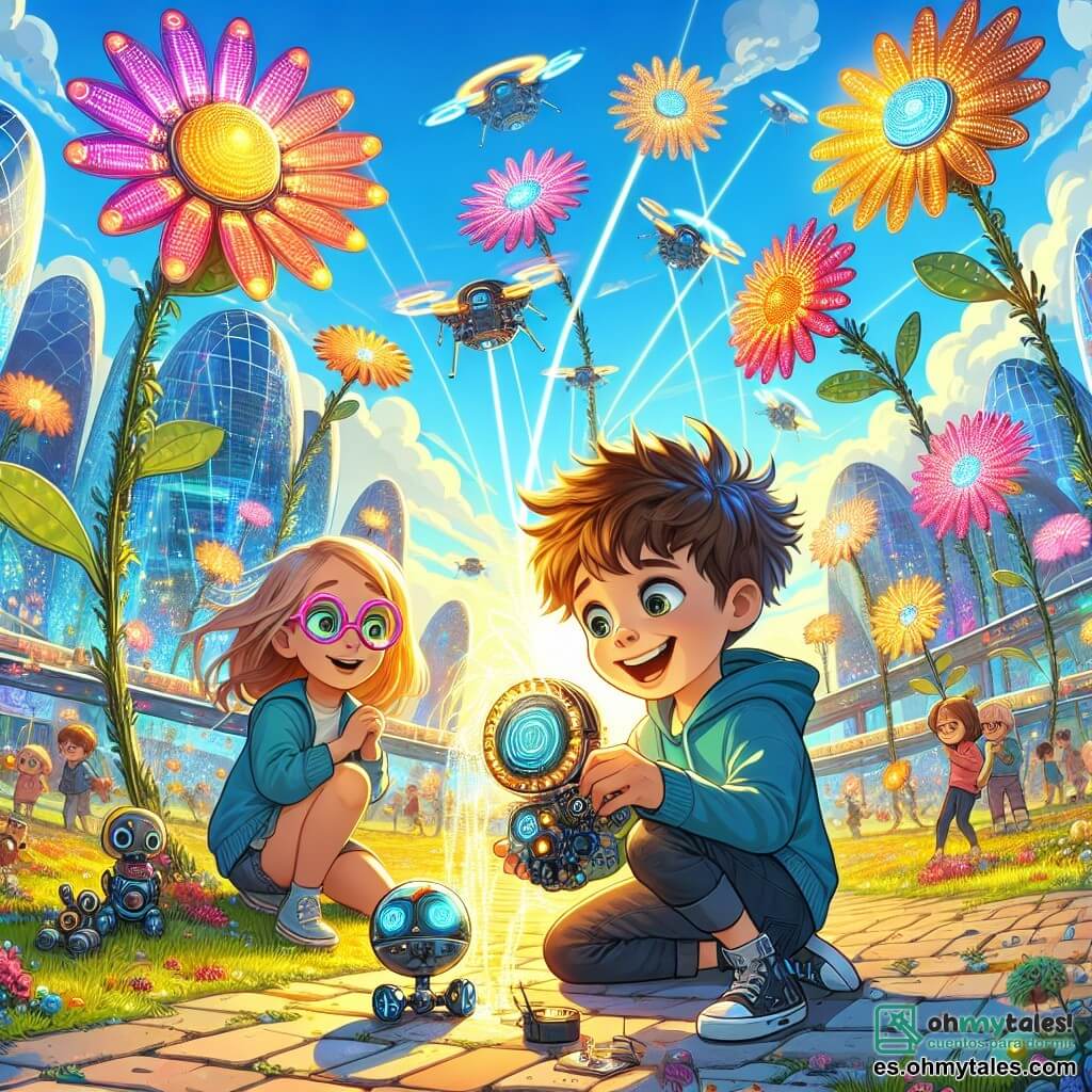 Ilustración que representa una escena vibrante en un parque futurista de Luminópolis, donde flores mecánicas de colores brillantes bailan al ritmo del viento bajo un cielo azul radiante. En el centro, un niño de nueve años, con el cabello despeinado y una sonrisa radiante, está agachado cerca de un pequeño dispositivo brillante, el TEP, que emite luces centelleantes. A su lado, una niña de nueve años, con gafas que cambian de color, observa con asombro, sus ojos brillando de curiosidad. Un niño de nueve años, con una mirada concentrada, ajusta un pequeño robot de formas redondeadas, Sparky, que parece listo para ayudar. Juntos, descubren cómo el TEP capta la energía de las flores, rodeados de drones flotantes y edificios futuristas con fachadas de vidrio, creando una atmósfera de aventura e innovación. Rayos de sol filtran a través de los árboles, añadiendo un toque de magia a esta escena dinámica.
