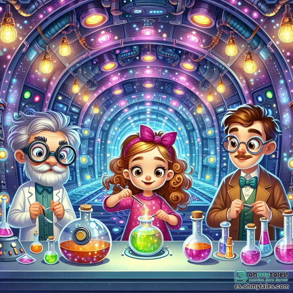 Une illustration sous forme de dessin destinée aux enfants représentant l'intérieur de la station spatiale "Nova Magia", un lieu fascinant avec des murs en métal brillant et des lumières colorées, où une fille de 11 ans aux cheveux bouclés et aux grands yeux curieux mélange des potions dans son laboratoire, entourée de deux personnages secondaires : un scientifique aux lunettes géantes et aux cheveux ébouriffés, qui observe avec attention, et une magicienne en robe étincelante, prête à lancer un sort, alors qu'ensemble, ils préparent un plan audacieux pour récupérer une machine du temps volée par un être maléfique.