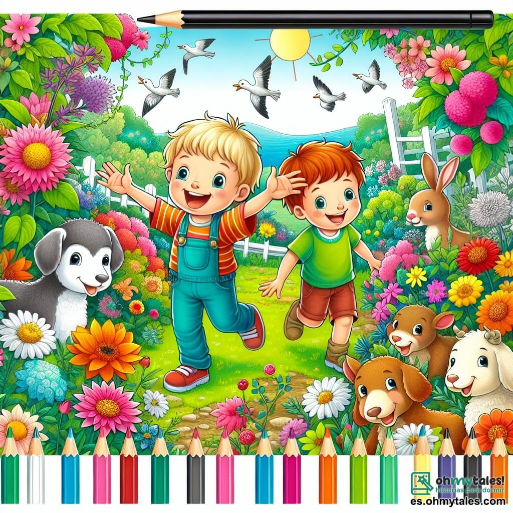 Une illustration destinée aux enfants représentant un jeune garçon plein d'enthousiasme découvrant les merveilles de la nature printanière, accompagné de son amie, explorant un magnifique jardin fleuri rempli de couleurs vives et d'animaux joyeux.