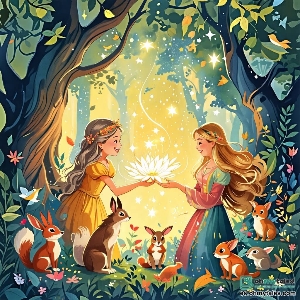 Une illustration sous forme de dessin destinée aux enfants représentant un magnifique forêt enchantée, avec des arbres aux feuilles scintillantes et une lumière douce filtrant à travers les branches, où une femme aux cheveux longs et dorés, vêtue d'une robe colorée, sourit joyeusement en tenant une fleur magique qui brille comme des étoiles, tandis qu'un groupe de petits animaux, comme un lapin aux grandes oreilles et un écureuil curieux, l'entoure avec des expressions émerveillées, illustrant le moment où la femme fait un vœu pour le bonheur de tous.