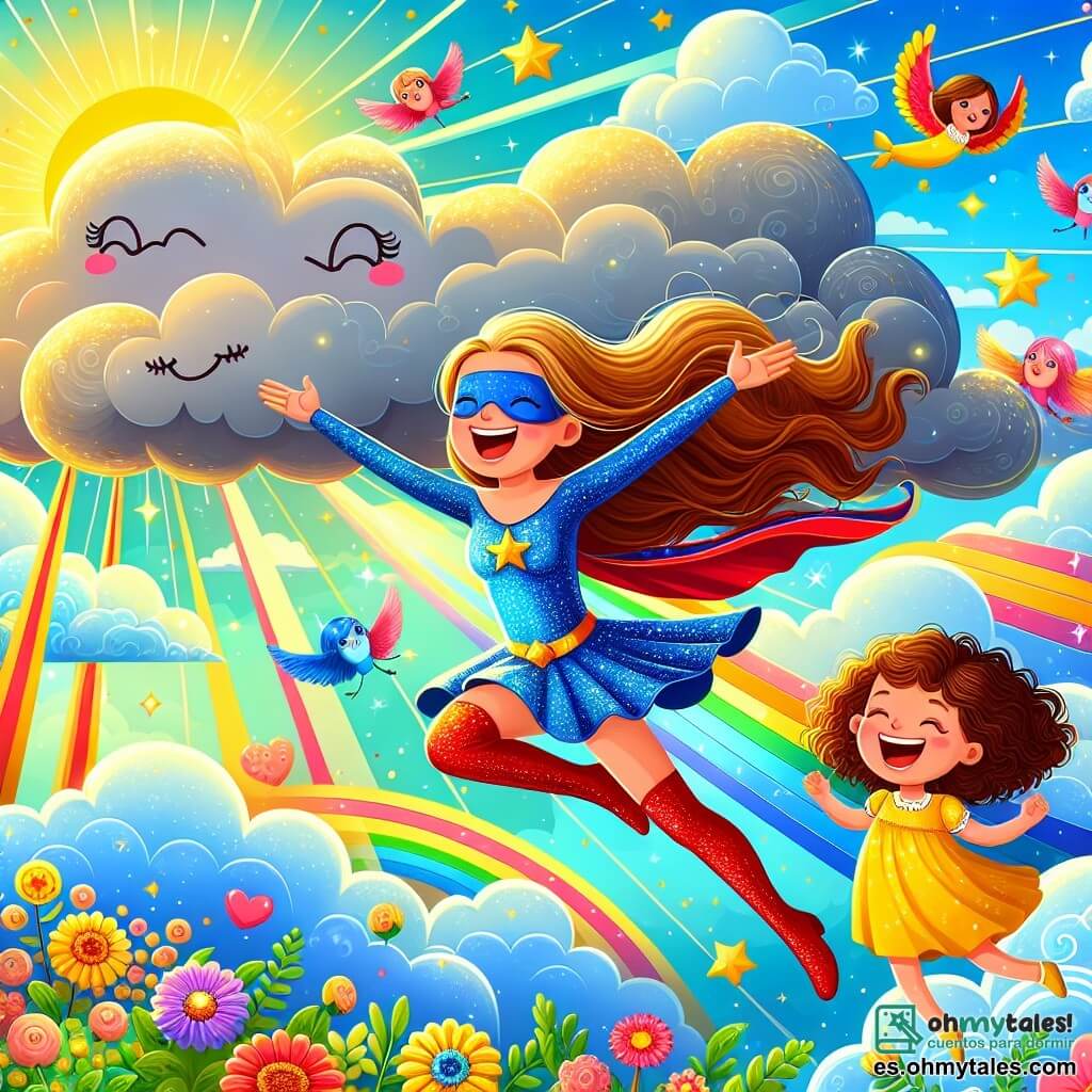 Ilustración que representa un cielo azul brillante salpicado de nubes blancas esponjosas, con montañas coloridas de fondo y flores multicolores que bailan al viento. En el centro, una superheroína, una mujer de cabello largo y brillante, vestida con una capa azul brillante y botas rojas, vuela alegremente en el aire, con una amplia sonrisa en su rostro. A su lado, una niña de unos 8 años, con cabello rizado y un vestido amarillo, levanta los brazos riendo, maravillada por la magia del momento. Juntas se dirigen hacia una gran nube gris, que parece titubear, pero de la cual comienzan a escapar destellos de luz dorada. Rayos de sol iluminan la escena, creando una atmósfera alegre y llena de energía, mientras aves coloridas vuelan a su alrededor, cantando melodías alegres.