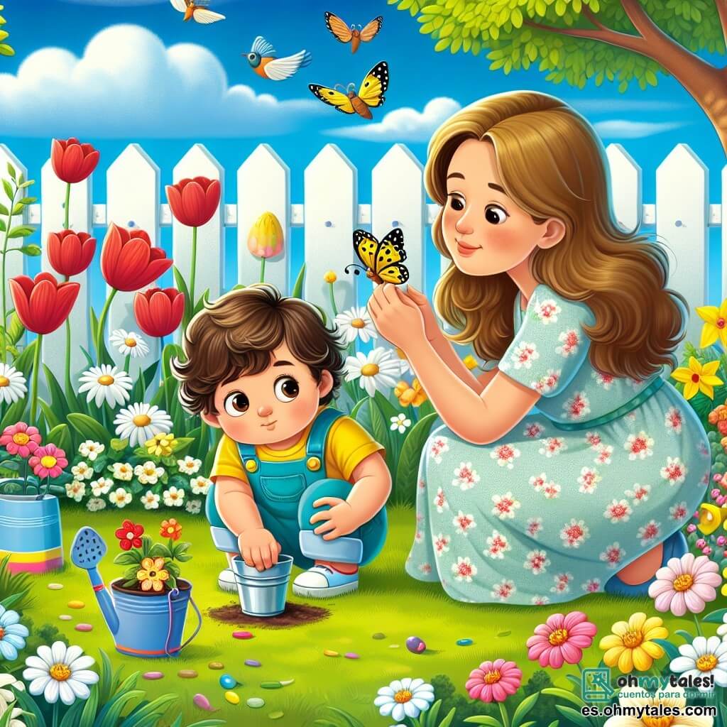 Ilustración que representa un jardín en plena floración en primavera, con flores coloridas: tulipanes rojos, margaritas blancas y narcisos amarillos. El cielo es de un azul brillante, salpicado de algunas nubes blancas y esponjosas. En el centro de la imagen, un niño de 1 año, con cabello castaño y rizado, y grandes ojos curiosos, está agachado sobre la hierba verde. Lleva un pequeño overol azul y una camiseta amarilla. Con una sonrisa radiante, observa una mariposa amarilla con puntos negros que vuela a su alrededor. A su lado, una mujer de unos treinta años, con cabello largo y castaño, está de rodillas. Lleva un vestido ligero con flores y sonríe tiernamente al mirar al niño. Sostiene una pequeña pala y un balde colorido, lista para plantar semillas en el jardín. La escena captura el momento alegre en que el niño sigue a la mariposa, maravillado por la belleza de la naturaleza. También hay una regadera de plástico colorida a su lado y algunos pájaros cantando en los árboles de fondo, añadiendo un toque de vida a este hermoso día de primavera.