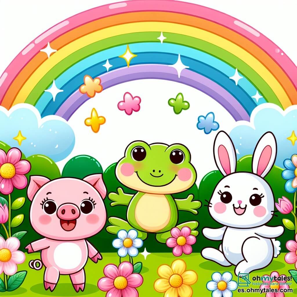 Une illustration destinée aux enfants représentant un petit cochon malicieux, une grenouille joyeuse et un lapin joueur se promenant dans une prairie colorée avec des fleurs multicolores et un arc-en-ciel scintillant au-dessus d'eux.