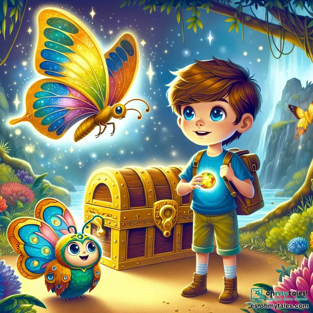 Une illustration sous forme de dessin destinée aux enfants représentant un paysage enchanteur de la mystérieuse Île des Rêves, avec un garçon de 9 ans aux cheveux châtains et aux yeux pétillants, portant un t-shirt bleu et un short, tenant un amuleto doré brillant dans sa main, tandis qu'une mariposa géante aux ailes colorées et une petite créature ailée, ressemblant à un oiseau, l'observent avec curiosité, alors qu'ils se tiennent devant un grand coffre scintillant, symbole de l'aventure et des rêves à libérer, le tout baigné dans une lumière douce et magique.