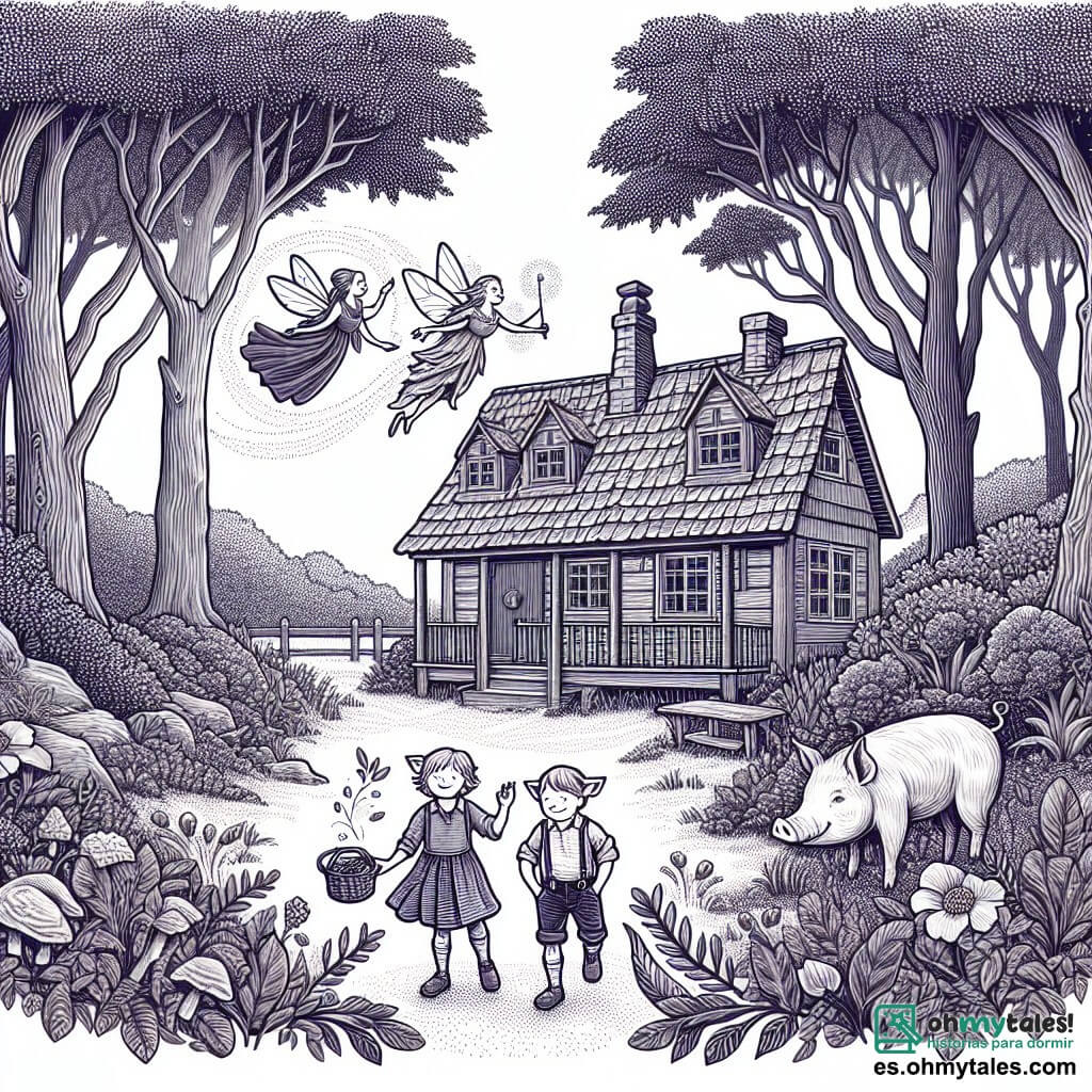Une illustration destinée aux enfants représentant une jeune fille cochon, ses deux frères et une fée bienveillante, évoluant dans une maison de bois enchantée au cœur d'une forêt magique aux arbres dansant au rythme du vent.