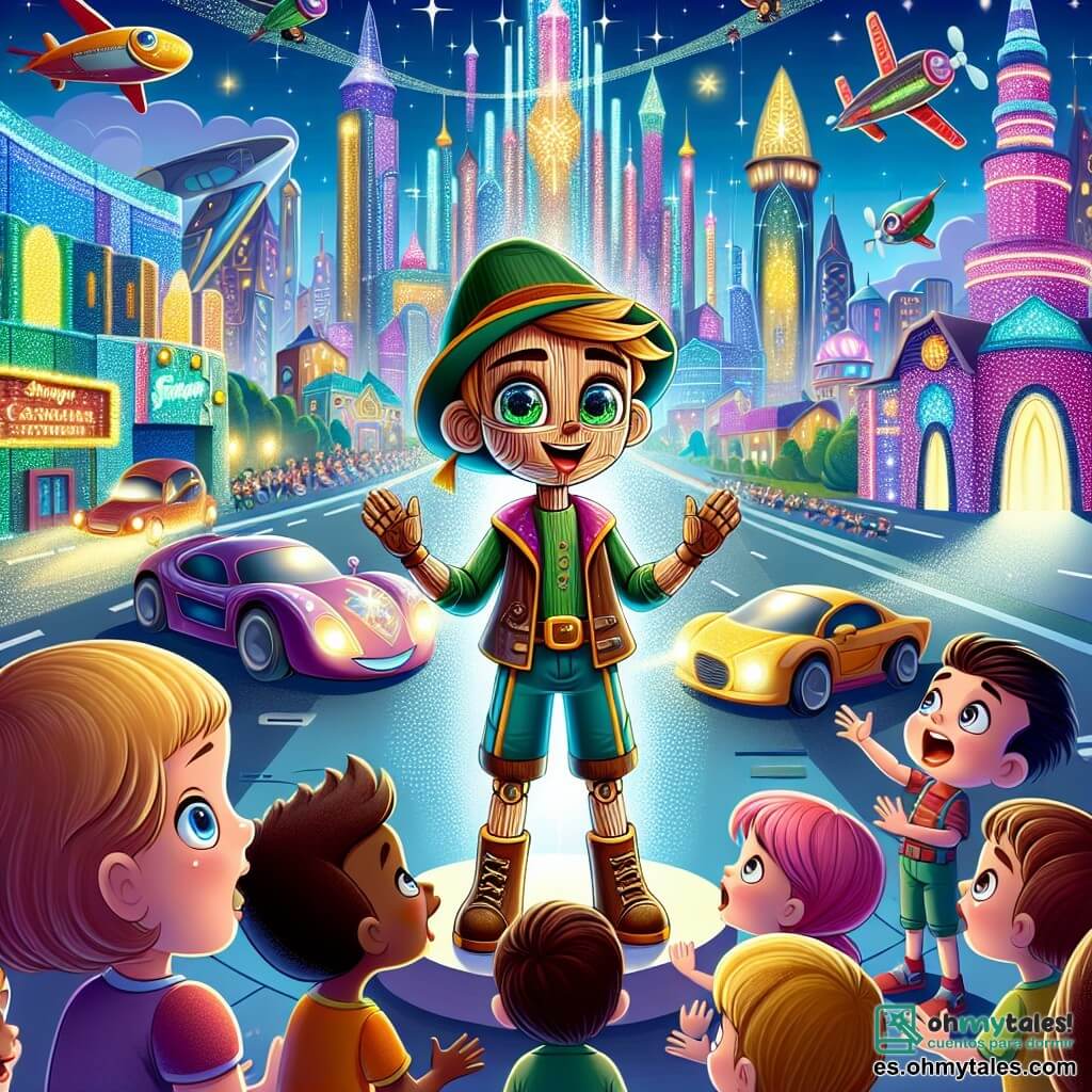 Une illustration sous forme de dessin destinée aux enfants représentant une ville futuriste colorée, avec des bâtiments scintillants et des voitures volantes, où un petit garçon en bois aux yeux brillants et au sourire malicieux, avec des vêtements colorés, se tient courageusement au centre, entouré d'un groupe d'enfants aux visages joyeux mais inquiets, alors qu'ils écoutent attentivement son histoire captivante sur la liberté et l'amitié, tandis qu'en arrière-plan, un parc mystérieux aux lumières éclatantes et aux ombres menaçantes se dessine, symbolisant les dangers de la tentation.