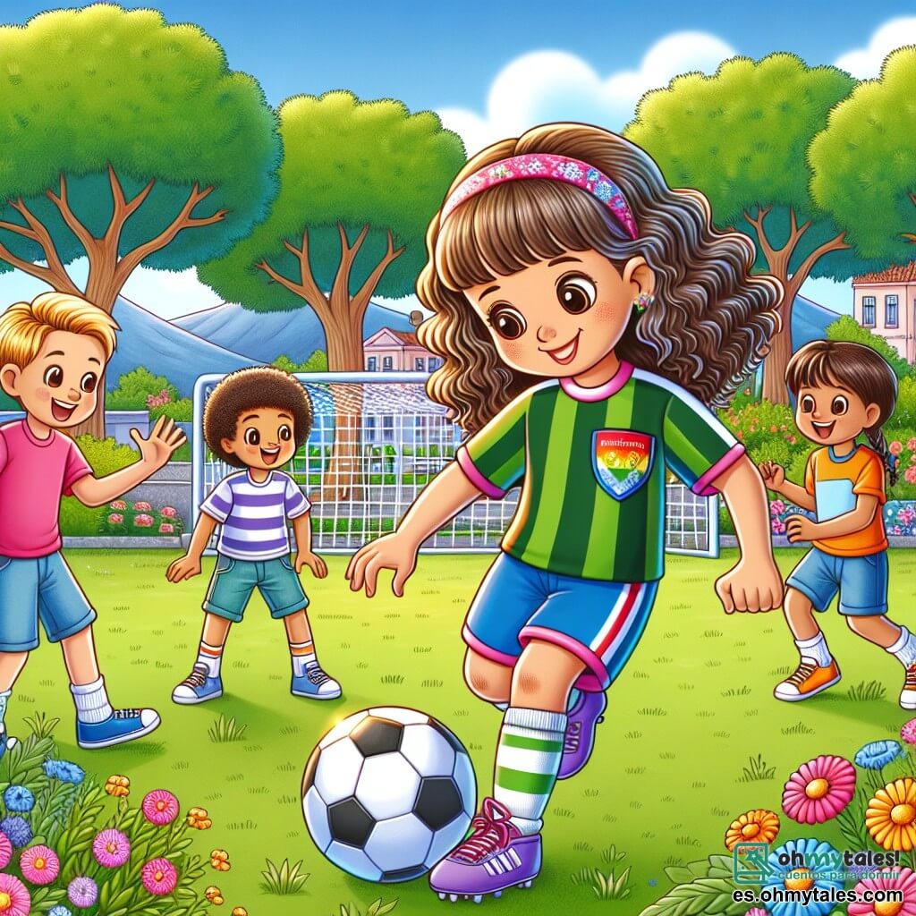 Une illustration sous forme de dessin destinée aux enfants représentant un parc ensoleillé de Valle Alegre, rempli de fleurs colorées et d'arbres verdoyants, où une fille de 12 ans aux cheveux bouclés et brillants, portant un maillot de football et des shorts, s'entraîne avec détermination à dribbler un ballon, entourée de ses camarades, dont un garçon aux cheveux courts et un sourire encourageant qui l'applaudit, tandis qu'une autre fille, avec une tresse et un regard admiratif, tient une pancarte colorée avec le message "Tous ensemble pour l'égalité!", illustrant ainsi leur engagement collectif pour promouvoir l'égalité des genres à l'école.