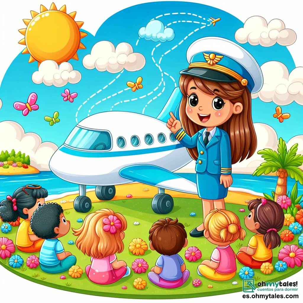 Une illustration sous forme de dessin destinée aux enfants représentant une île colorée baignée de soleil, avec une femme pilote en uniforme bleu et casque blanc, souriante et debout près de son grand avion blanc, entourée de plusieurs enfants aux cheveux colorés et aux vêtements vifs, qui l'écoutent attentivement alors qu'elle leur raconte des histoires fascinantes sur le vol et les aventures dans les nuages, avec des fleurs éclatantes et des nuages moelleux en arrière-plan, créant une atmosphère joyeuse et inspirante.