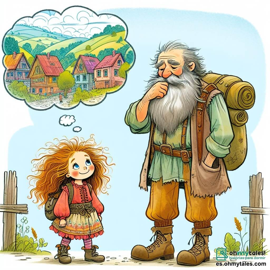 Une illustration destinée aux enfants représentant une petite fille aux cheveux en bataille, vêtue de haillons, rêvant de voyages lointains en compagnie d'un vieux voyageur barbu, dans un village pittoresque bordé de collines verdoyantes et de maisons colorées.
