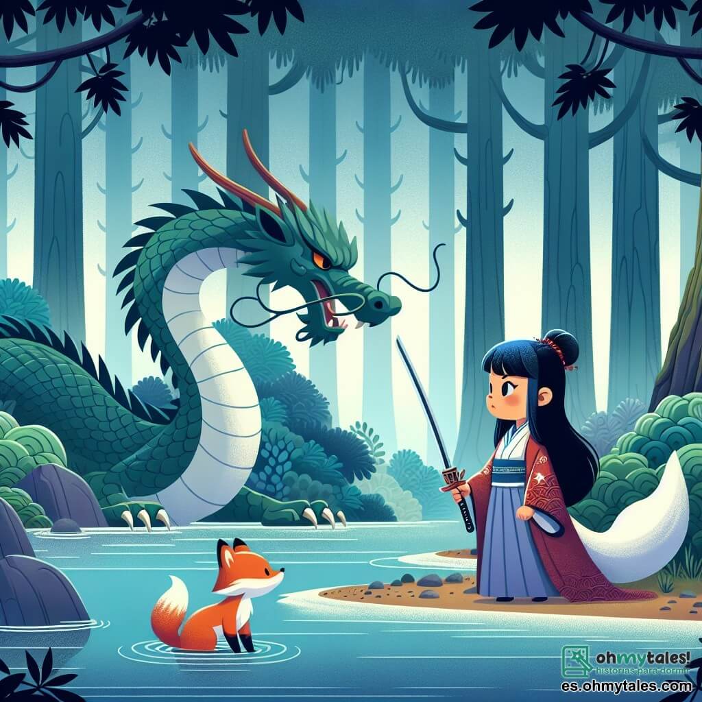 Une illustration destinée aux enfants représentant une jeune femme courageuse se tenant devant un majestueux dragon dans un lac sacré, accompagnée d'un malicieux renard à la fourrure brillante, dans un dense et mystérieux bosque japonais où les arbres semblent murmurer des secrets anciens.