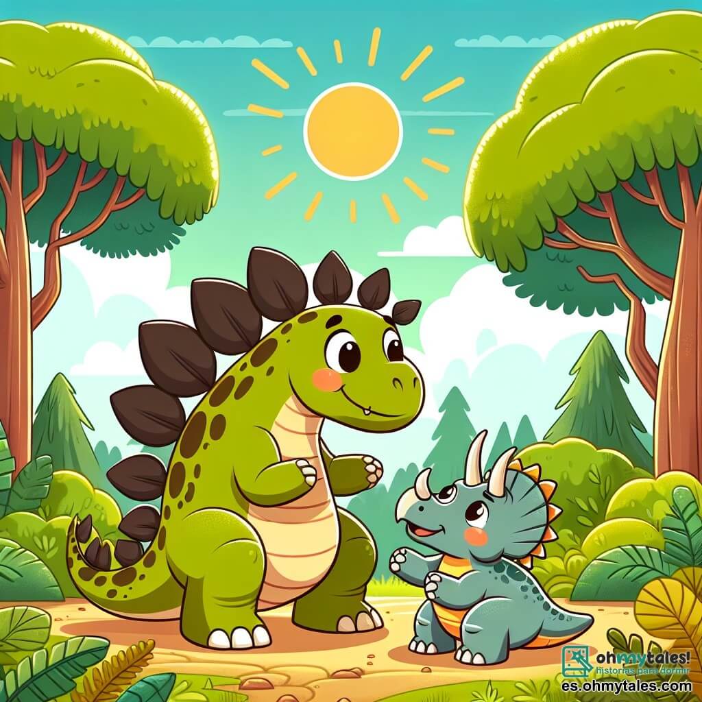 Une illustration destinée aux enfants représentant un stégosaure curieux et amical, une situation d'entraide avec un triceratops courageux, se déroulant dans un bosquet luxuriant aux arbres géants et au soleil éclatant de la préhistoire.