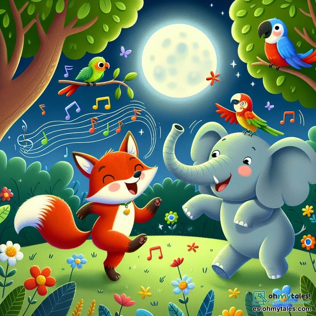 Ilustración que representa una escena alegre en un claro del zoológico, iluminada por la suave luz de la luna. Árboles de hojas verdes y brillantes rodean el espacio, mientras flores coloridas bailan al compás del viento. En el centro, un zorro de pelaje rojo brillante y ojos traviesos, saltando con entusiasmo, invita a sus amigos a bailar. A su lado, un elefante de grandes orejas y piel gris, sonriendo y moviendo su trompa al ritmo de la música, mientras un loro de plumas multicolores canta alegremente en una rama. La escena está llena de risas y movimientos, con notas de música flotando en el aire, creando una atmósfera festiva y amigable. Guirnaldas de hojas y flores decoran el lugar, añadiendo un toque mágico a esta fiesta nocturna llena de vida y amistad.