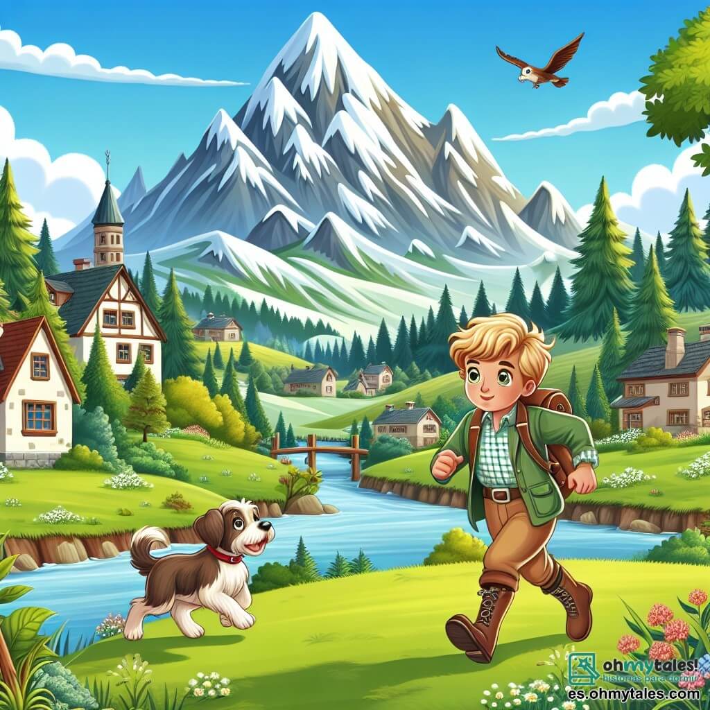 Une illustration destinée aux enfants représentant un petit garçon intrépide se lançant dans une aventure périlleuse pour sauver sa sœur disparue, accompagné de sa petite sœur, dans un village pittoresque niché au pied d'une montagne enneigée et mystérieuse, entouré de prairies verdoyantes et d'arbres majestueux.