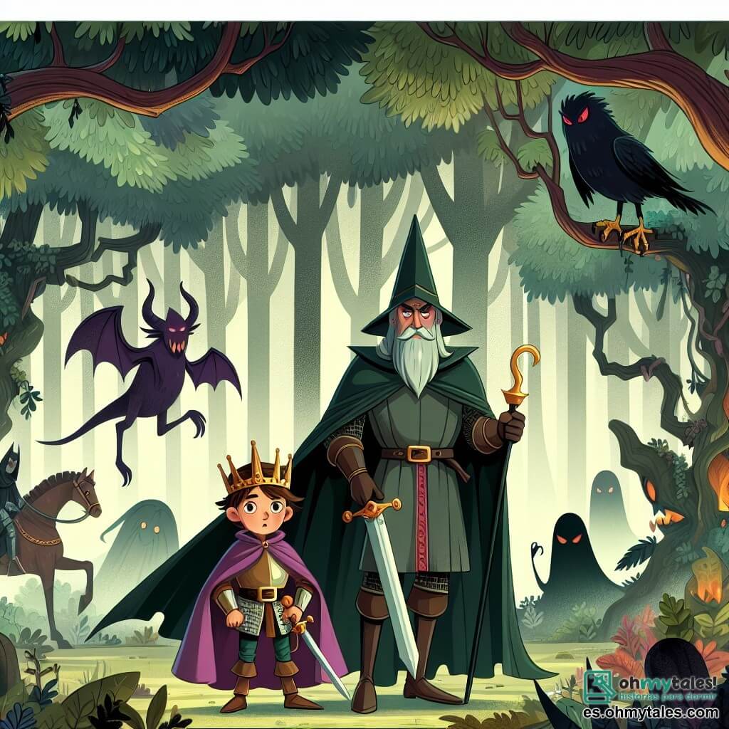 Une illustration destinée aux enfants représentant un courageux chevalier, un hechicero maléfico et la forêt enchantée aux arbres mystérieux, aux ombres vivantes et aux créatures fantastiques, où se déroule l'aventure palpitante.