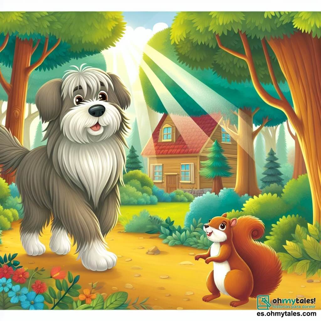 Une illustration destinée aux enfants représentant un chien mâle au pelage soyeux se promenant dans un paisible village forestier, accompagné d'une petite écureuil femelle avec une queue touffue, entre les arbres majestueux et les rayons du soleil filtrant à travers les feuilles.