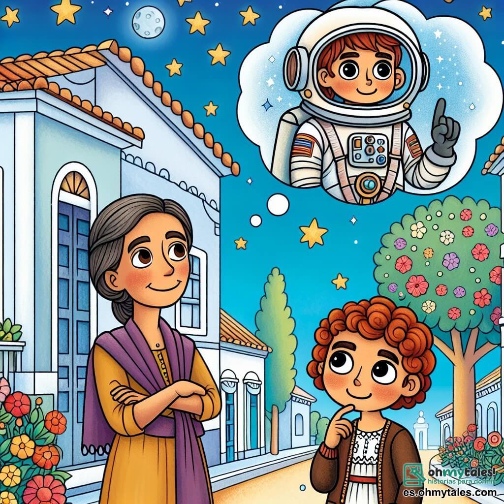 Une illustration destinée aux enfants représentant une jeune femme aux yeux brillants, rêvant de devenir astronaute, accompagnée de sa maman encourageante, dans une petite ville appelée Estrellita, où les rues sont bordées d'arbres en fleurs et le ciel étoilé brille de mille feux.
