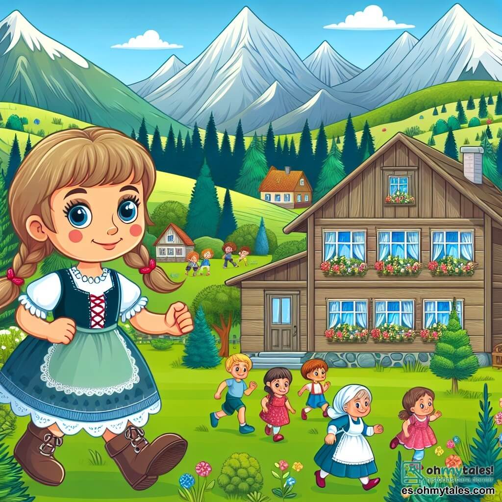 Une illustration destinée aux enfants représentant une jeune fille courageuse et sans nom, vivant dans une petite maison en bois avec sa aimante grand-mère, dans un village pittoresque entouré de montagnes verdoyantes et d'un parc animé où les enfants jouent joyeusement.