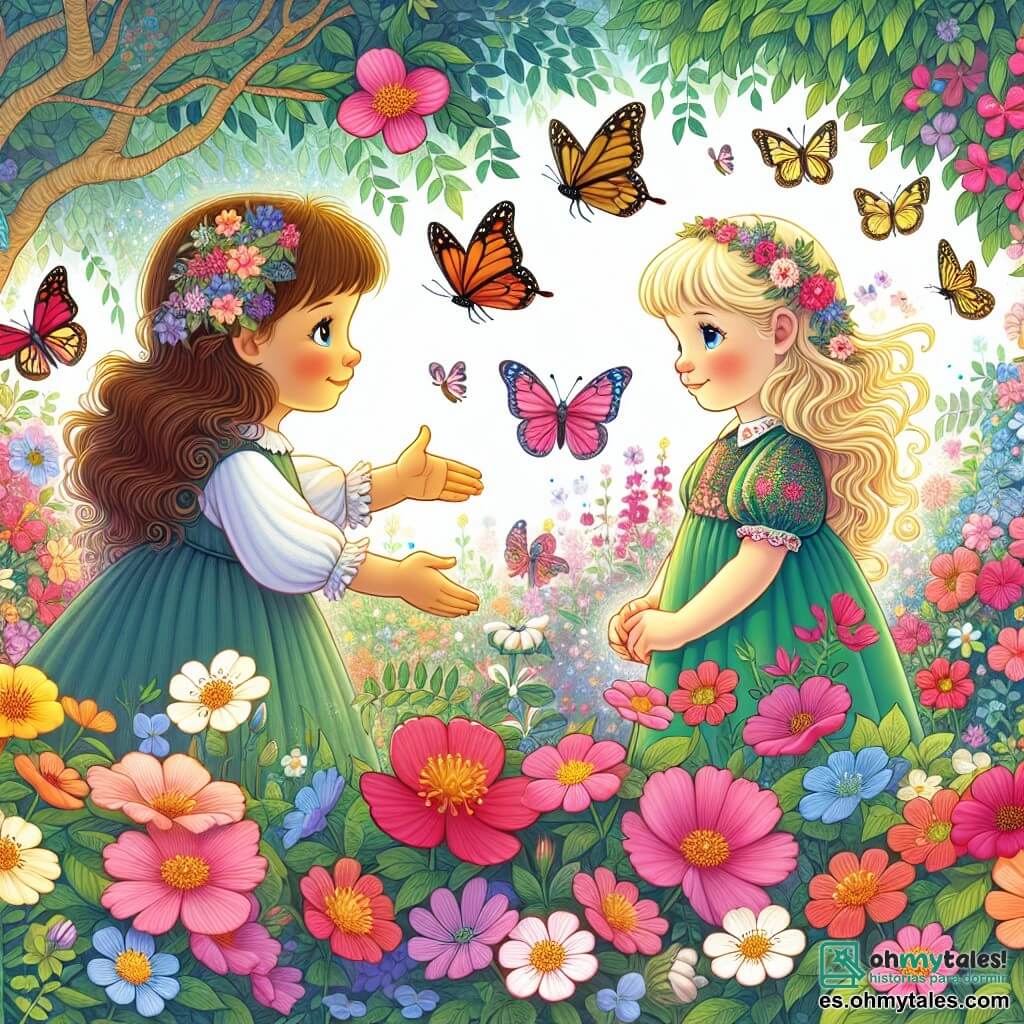 Une illustration destinée aux enfants représentant une fillette timide faisant la rencontre d'une nouvelle amie dans un jardin enchanté aux couleurs éclatantes, où des papillons virevoltent parmi les fleurs multicolores.