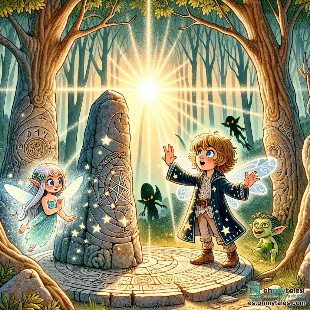 Une illustration sous forme de dessin destinée aux enfants représentant un mystérieux et ancien cercle de pierres illuminé par une douce lumière magique au cœur d'un forêt enchantée, où un jeune sorcier aux cheveux ébouriffés et aux yeux pétillants, vêtu d'une robe de sorcier ornée d'étoiles, se tient avec détermination en train de lancer un sort, tandis qu'une petite fée aux ailes scintillantes et aux cheveux argentés flotte à ses côtés, l'encourageant avec un sourire, et des duendes aux peaux vertes et aux oreilles pointues, cachés derrière les arbres, observent avec curiosité et espoir, alors qu'une ombre menaçante se dissipe dans la lumière, symbolisant la victoire sur la magie noire.