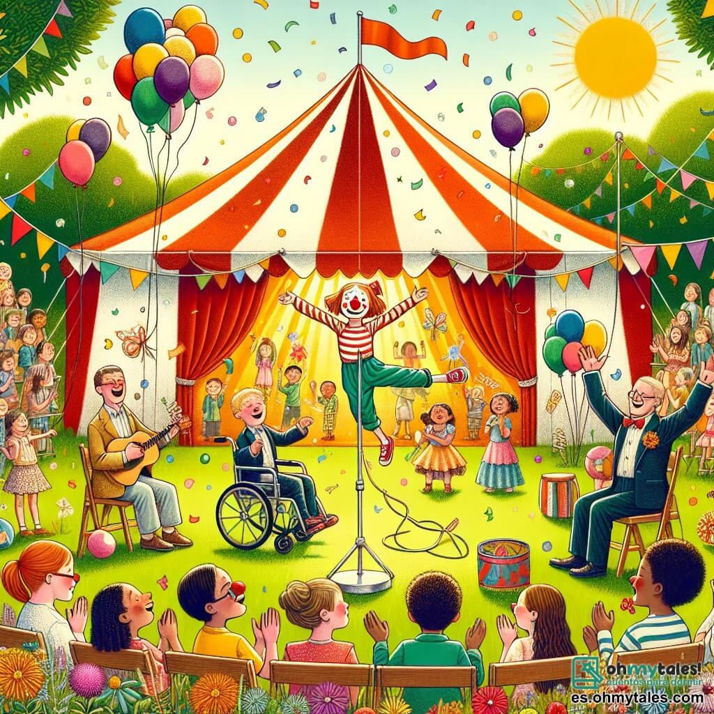 Ilustración que representa un jardín soleado, lleno de flores coloridas y globos flotantes, donde una gran carpa de circo a rayas rojas y blancas se erige en el centro. En primer plano, una niña de 10 años, con cabello castaño y gafas, realiza una acrobacia en el aire, con los brazos extendidos y una gran sonrisa en su rostro. A su lado, otra niña de 10 años, con cabello rubio y rizado, lleva una nariz de payaso roja y hace muecas, sosteniendo pelotas de colores en sus manos. Al fondo, una niña de 10 años en silla de ruedas, con cabello castaño y gafas, sostiene un megáfono y dirige el espectáculo con entusiasmo. La escena transmite un ambiente alegre y dinámico, con niños sentados en sillas de madera, aplaudiendo y riendo, rodeados de decoraciones festivas como guirnaldas de papel y confeti flotando en el aire.