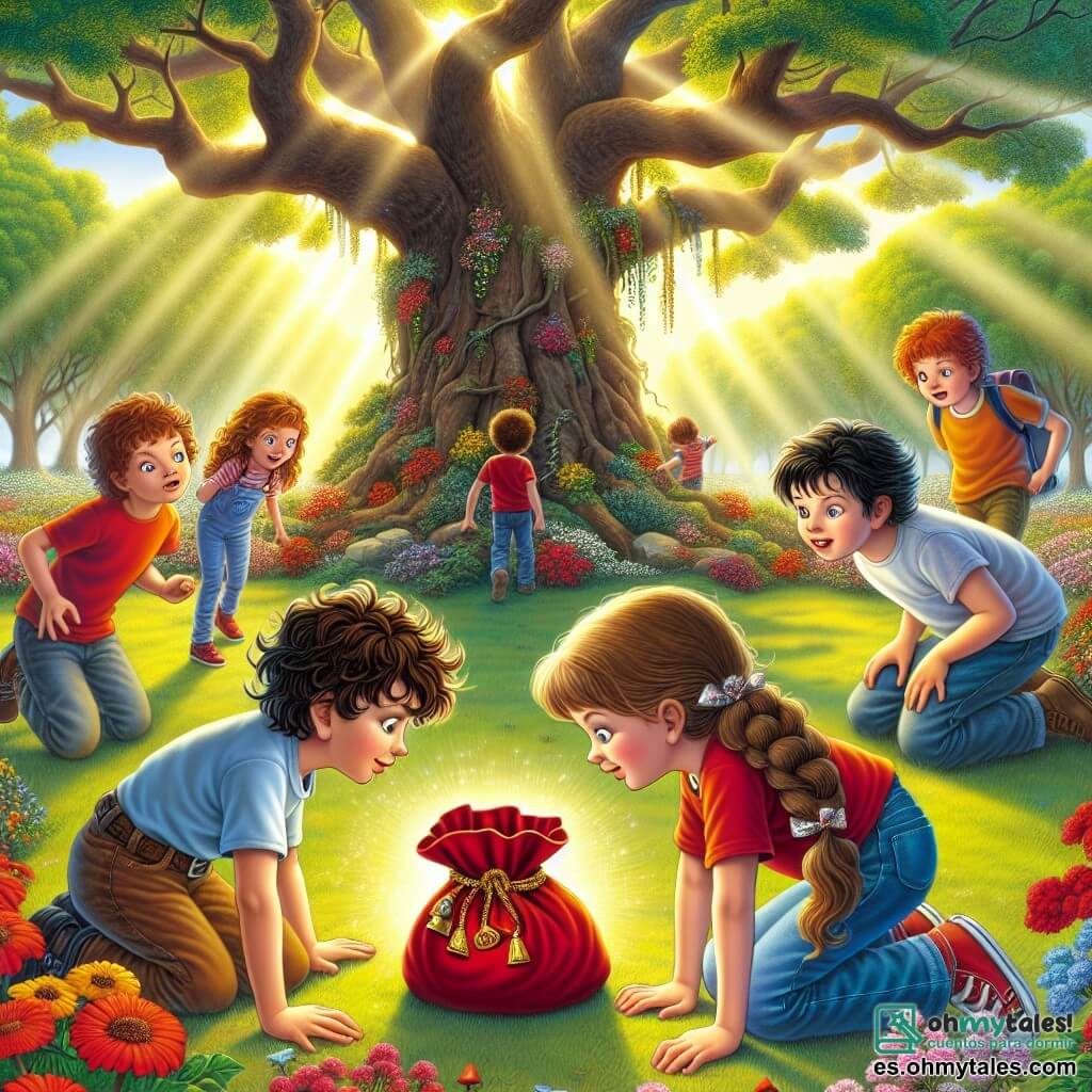 Ilustración que representa un parque soleado, lleno de flores coloridas y grandes árboles de follaje verde. En el centro, un gran roble majestuoso, cuyas ramas se extienden ampliamente, ofreciendo sombra a los niños que juegan alrededor. Un niño de nueve años, con el cabello castaño desordenado y una camiseta roja, se inclina con curiosidad sobre una bolsa roja brillante en el suelo. A su lado, una niña de nueve años, con el cabello largo y rubio trenzado, observa la bolsa con mirada intrigada, sus ojos brillando de emoción. Otro niño, con cabello negro y rizado, con las manos en las caderas, muestra una expresión de entusiasmo, mientras que una niña de cabello castaño y gafas mira al grupo con precaución. La situación principal muestra a los niños descubriendo una misteriosa bolsa roja, rodeados de rumores y emoción, mientras debaten qué hacer con lo que han encontrado. Al fondo, otros niños los miran con curiosidad, añadiendo una atmósfera de misterio y aventura a la escena. Monedas doradas brillan dentro de la bolsa, atrayendo la atención de los niños y simbolizando la tentación de la mentira y los malentendidos.