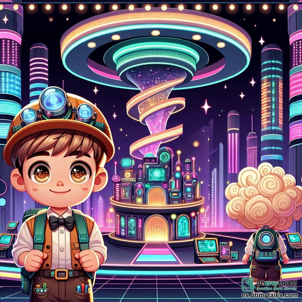 Une illustration sous forme de dessin destinée aux enfants représentant une ville futuriste aux bâtiments en spirale et illuminés par des néons colorés, où un garçon de 9 ans aux cheveux bruns et aux yeux pétillants, portant une casquette d'inventeur et une petite mochila pleine d'outils, se tient avec enthousiasme aux côtés de sa meilleure amie, une fille aux cheveux blonds et bouclés, vêtue d'une combinaison technologique, alors qu'ils explorent ensemble la salle de la prestigieuse Académie de l'Innovation Technologique, entourés de dispositifs futuristes et d'écrans brillants, prêts à tester le mystérieux Aumentador de Sueños.