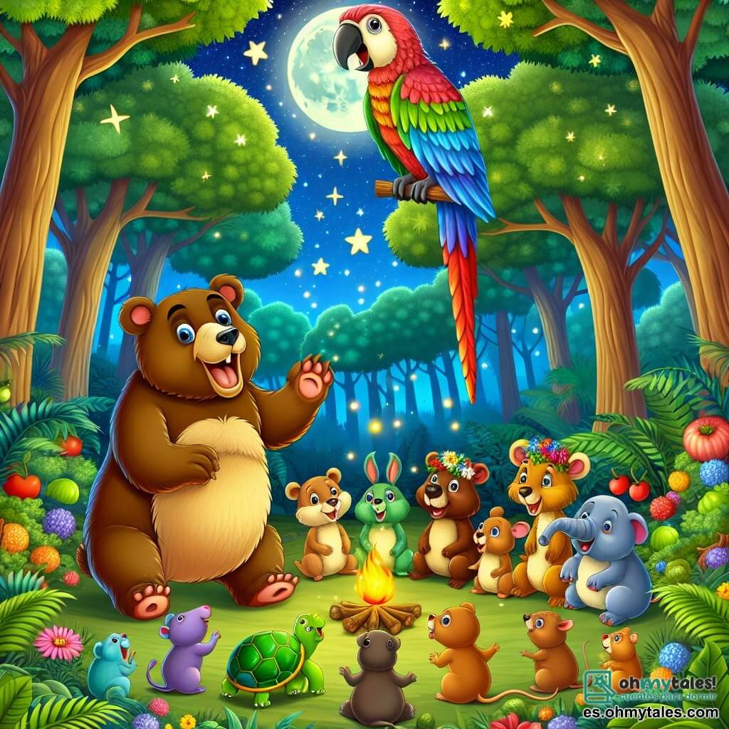 Ilustración que representa una luna brillante en una jungla exuberante, donde majestuosos árboles de hojas verdes brillantes se elevan hacia el cielo estrellado. En el centro de la escena, un oso de pelaje marrón y suave, con ojos chispeantes de travesura, se pone de pie sobre sus patas traseras, riendo a carcajadas mientras cuenta un chiste a sus amigos. A su lado, un loro colorido con plumas rojas, azules y amarillas vuela en círculos, imitando los sonidos de otros animales con entusiasmo. Un grupo de animales, incluyendo una tortuga de caparazón verde y una pequeña banda de roedores curiosos, se sienta alrededor de una pequeña llama, escuchando atentamente y riendo a gusto. La escena está llena de alegría y camaradería, con frutas coloridas y flores brillantes esparcidas por doquier, creando una atmósfera festiva y mágica.
