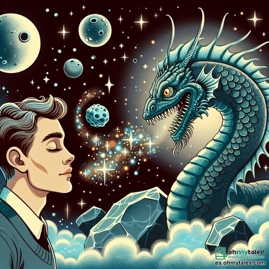 Une illustration destinée aux enfants représentant un homme au regard brillant et au cœur rempli de rêves, confronté à un champ d'astéroïdes menaçant, accompagné d'une créature extraterrestre aux écailles chatoyantes, dans l'atmosphère chatoyante et mystérieuse d'une planète inconnue.