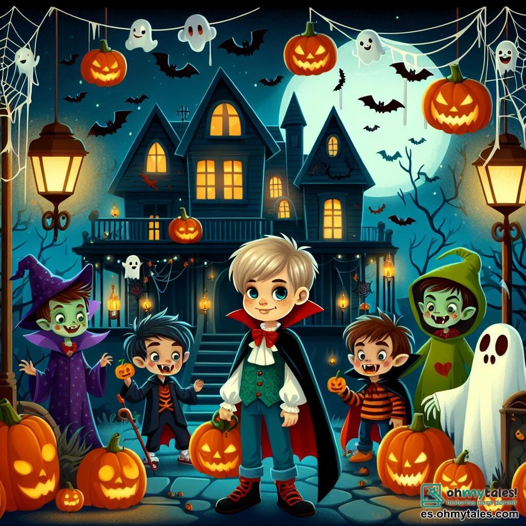 Une illustration destinée aux enfants représentant un garçon déguisé en vampire, accompagné de ses amis déguisés en monstres, explorant une maison hantée décorée de citrouilles lumineuses, toiles d'araignée et fantômes suspendus, lors d'une nuit de Halloween pleine de mystères et de rires.