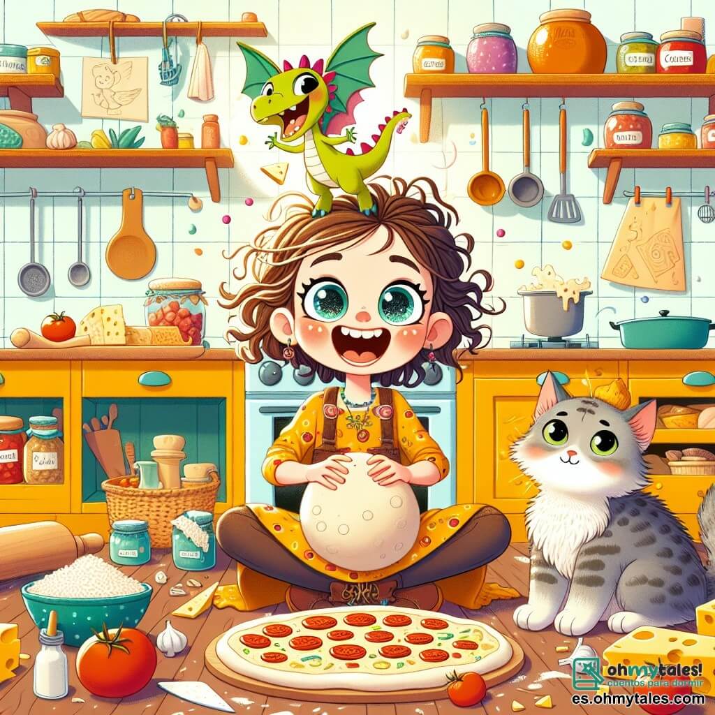 Ilustración que representa una cocina colorida y acogedora, con paredes pintadas de amarillo brillante y estanterías llenas de tarros de mermelada y utensilios de cocina. En el centro, una niña de 5 años, con grandes ojos brillantes y cabello castaño desordenado, ríe a carcajadas mientras sostiene una bola de masa para pizza en sus manos. A su lado, un pequeño dragón de papel, con escamas multicolores y alas delicadas, revolotea alegremente en el aire, sosteniendo un trozo de queso en sus patas. La escena muestra la cocina desordenada, con ingredientes esparcidos: tomates, queso y verduras, mientras un gato de pelaje gris, un poco perplejo, se queda al margen, con una rebanada de queso en la cabeza. La atmósfera está llena de risas y alegría, capturando un momento lúdico y mágico de su aventura culinaria.