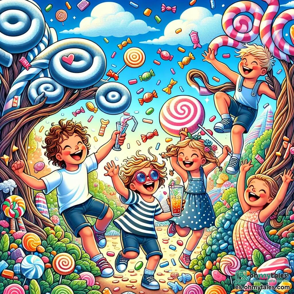 Ilustración que representa un paisaje de ensueño en el Reino de las Dulzuras, donde árboles de regaliz con troncos en espiral se elevan bajo un cielo azul brillante, salpicado de nubes de malvavisco. En el centro de la escena, un grupo de cuatro niños está reunido: un niño de ocho años con el cabello alborotado y una gran sonrisa, que lleva una camiseta colorida y un pantalón corto, sosteniendo un gran vaso de limonada con gas; una niña de ocho años con coletas y un vestido de lunares, riendo a carcajadas, con los brazos levantados; un niño de ocho años con gafas y una camiseta a rayas, que intenta atrapar caramelos que caen del cielo; y otra niña de ocho años con gafas de sol y un sombrero de paja, que se encuentra junto a un árbol de regaliz, recogiendo caramelos. La escena principal muestra a los niños corriendo, riendo y divirtiéndose, rodeados de montañas de caramelos de colores, con un dragón amigable al fondo, observando la escena con una sonrisa benevolente. Destellos de colores vivos, como caramelos en forma de estrellas y ríos de soda, añaden un toque de magia a esta escena alegre y lúdica.
