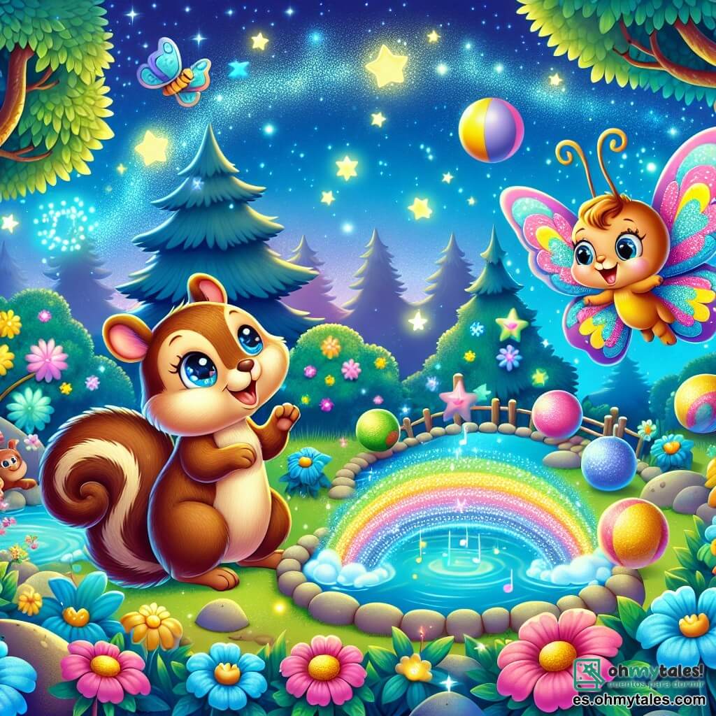 Ilustración que representa un jardín mágico lleno de flores coloridas que cantan y árboles danzantes, bajo un cielo estrellado y brillante. En el centro de la escena, una pequeña ardilla macho de aproximadamente 5 años, con pelaje marrón y ojos chispeantes de curiosidad, se encuentra sobre sus patas traseras, mirando maravillado un pequeño arroyo luminoso que serpentea a través del jardín. A su lado, una mariposa hembra de aproximadamente 4 años, con alas de colores vivos azul, amarillo y rosa, vuela alegremente a su alrededor. Juntos, descubren un puente mágico en arcoíris que los lleva hacia juguetes encantados. Pelotas rebotantes y cometas flotantes añaden un toque de magia a esta escena de aventura.