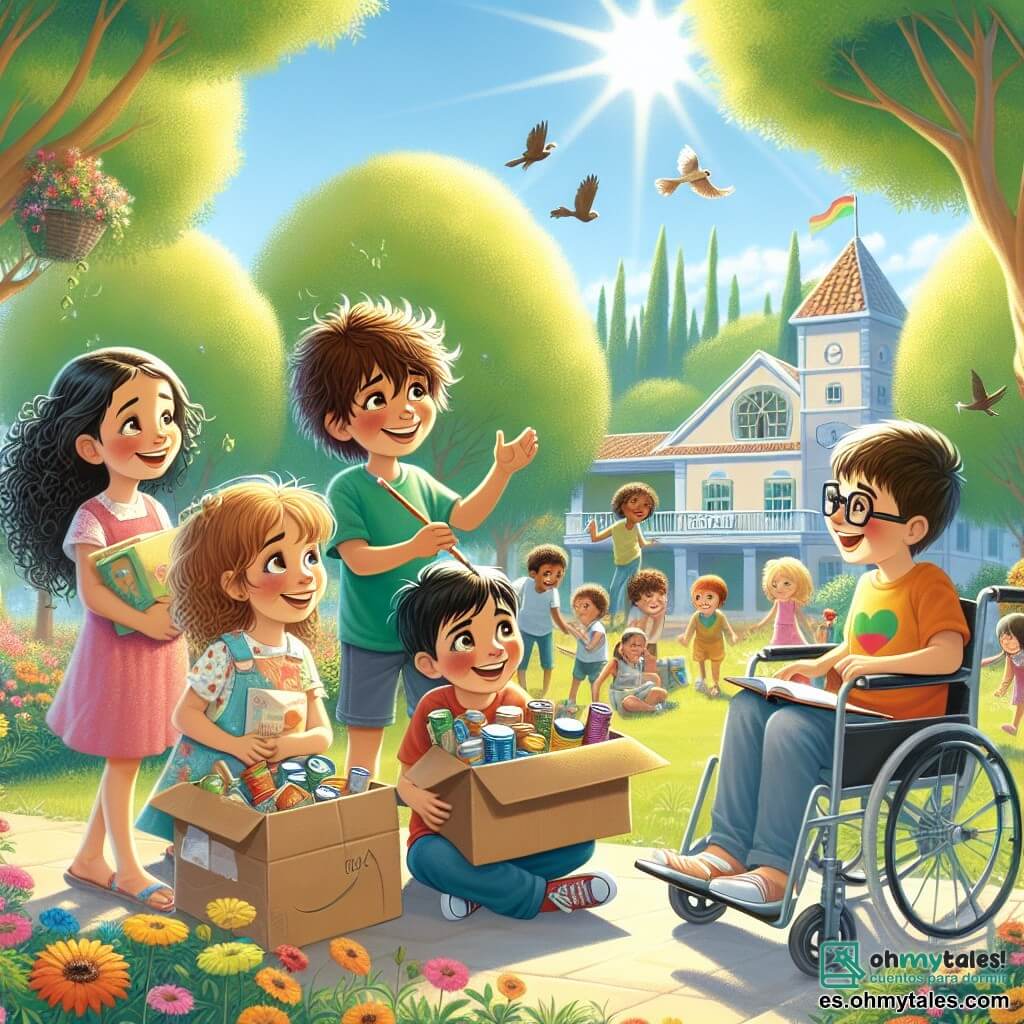 Ilustración que representa una escena cálida en un parque soleado de Villa Esperanza, con árboles verdes y flores coloridas que bailan al viento. En el centro, un grupo de cuatro niños se reúne alrededor de una gran caja de cartón llena de alimentos. Un niño de unos 10 años, con el cabello castaño desordenado y una sonrisa radiante, levanta los brazos en señal de alegría. A su lado, una niña de unos 9 años, con cabello largo y rizado, sostiene un cuaderno de bocetos en una mano y un lápiz en la otra, observando la escena con asombro. Otro niño, de 10 años, con gafas y una camiseta colorida, gesticula mientras cuenta una historia, mientras que una niña de unos 8 años, sentada en una bonita silla de ruedas, sonríe dulcemente mirando a sus amigos. La situación principal muestra a los niños unidos en un acto de solidaridad, listos para compartir su recolección de alimentos con quienes lo necesitan. En el fondo, otros niños del parque los observan con curiosidad, y algunos pájaros vuelan alegremente en el cielo azul. Globos de colores flotan alrededor, añadiendo un toque de alegría a esta escena de compartir y amistad.