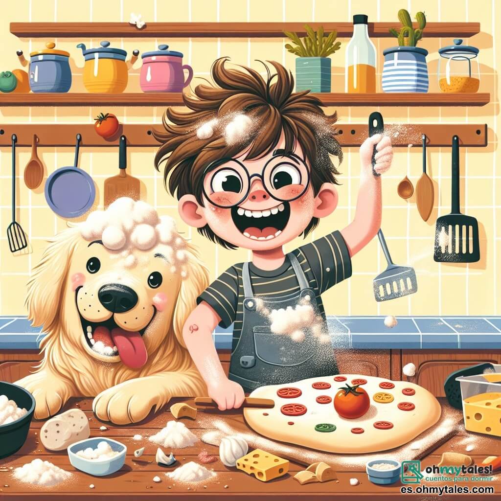 Ilustración que representa una cocina desordenada, con paredes pintadas de amarillo pastel y estanterías llenas de tarros coloridos. En el centro, un niño de 9 años, con el cabello castaño despeinado y gafas redondas, está cubierto de harina, riendo a carcajadas. Sostiene una espátula en una mano y mira a su perro con ojos chispeantes de travesura. El perro, un golden retriever de orejas grandes y pelaje dorado, está tumbado en el suelo, riendo también, con masa de pizza pegada en la nariz. La escena muestra ingredientes esparcidos alrededor: harina, tomates, queso y una gran bola de masa que ha volado del mostrador. Se perciben risas y un ambiente alegre en esta situación cómica, ilustrando un momento de complicidad y locura en la cocina.